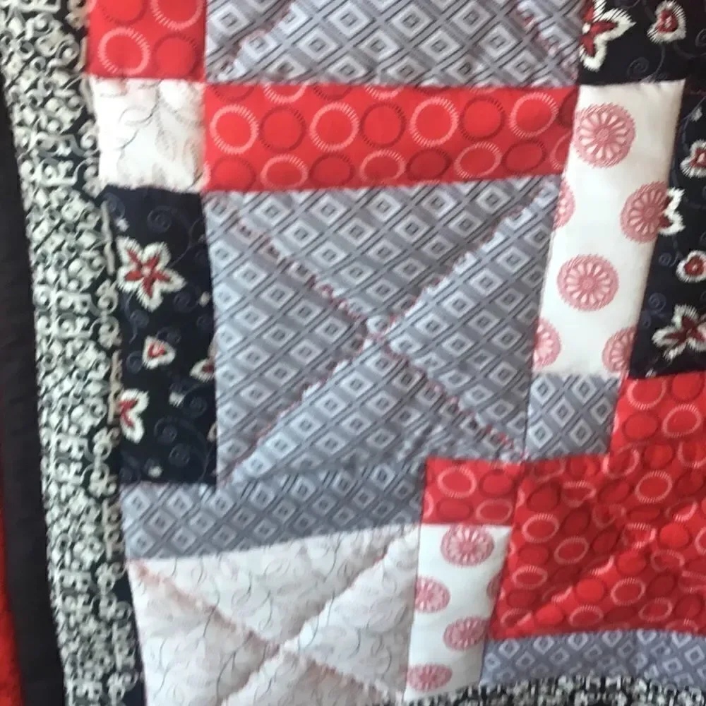 NWT Hand Crafted Red/Black/Grey/White Quilt